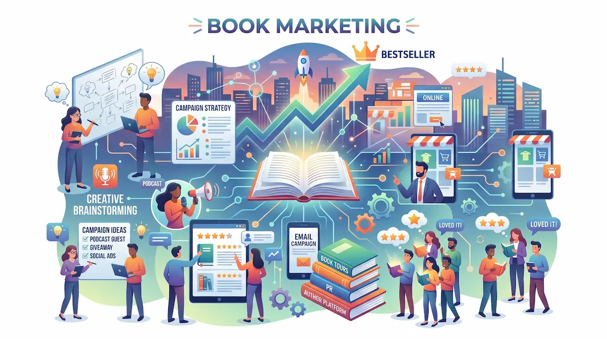 Book marketing specialists planning a digital launch campaign