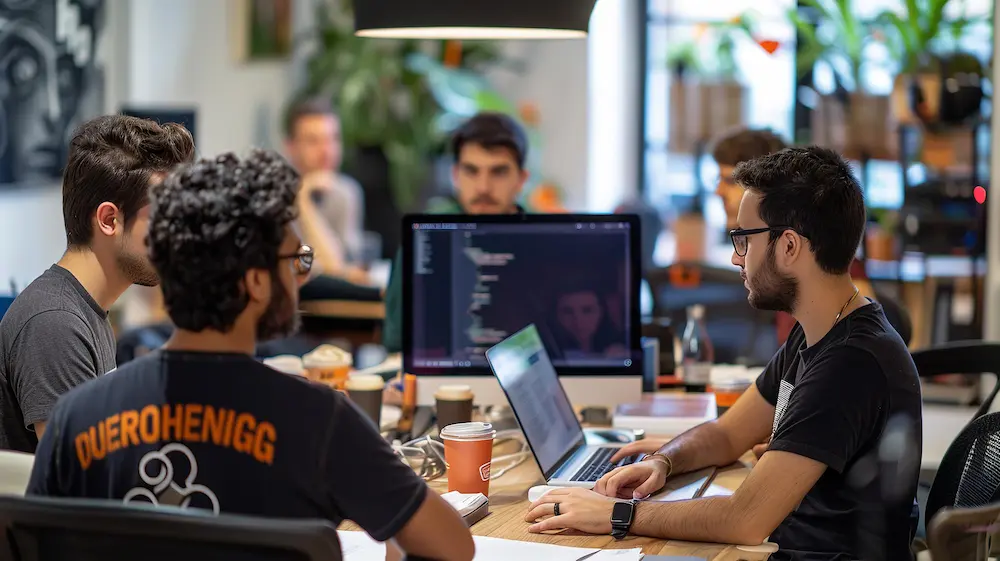 Software developers collaborating on a technology project in a modern office