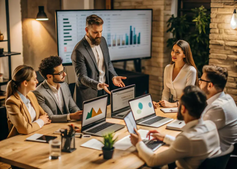 Digital marketing professionals collaborating on campaign data and growth strategy