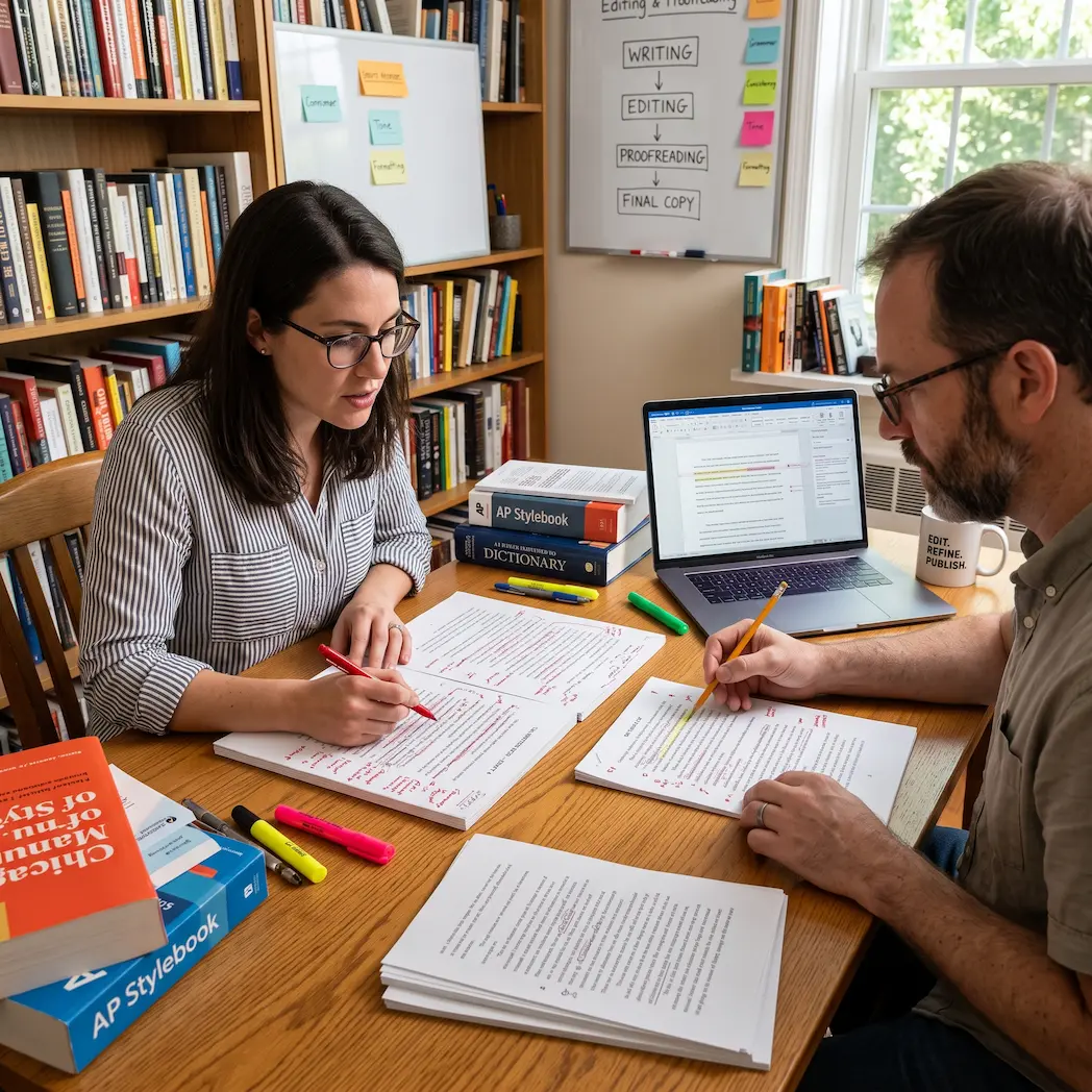 Editorial team reviewing manuscript revisions and consistency notes