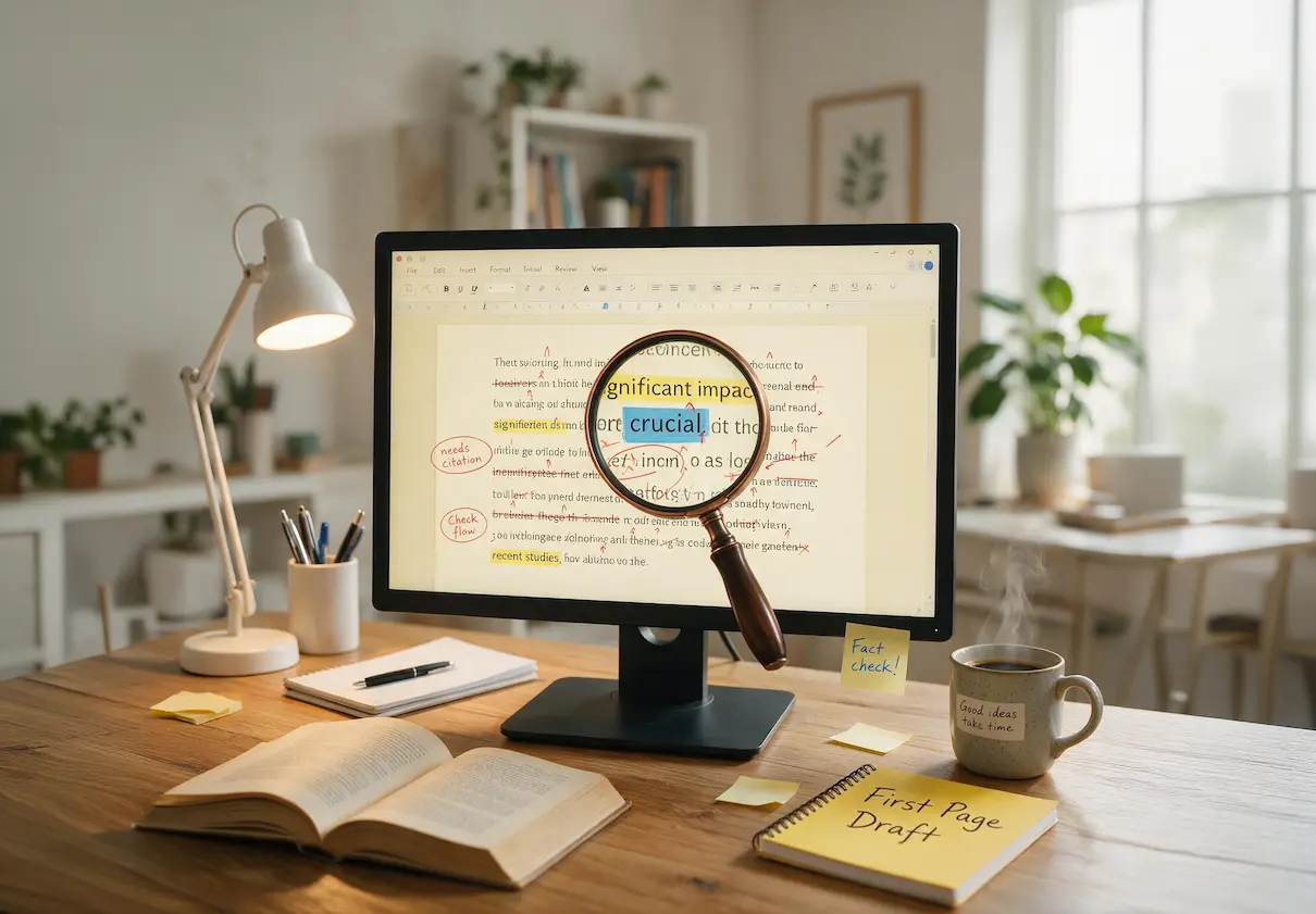 Professional book editor reviewing manuscript changes and editorial comments