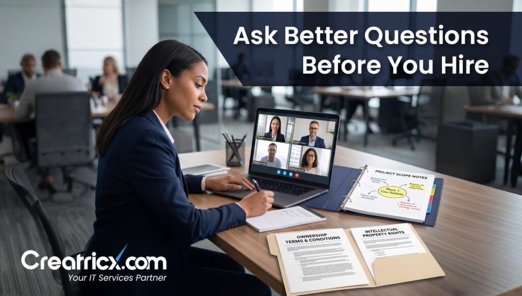 Client asking web development company questions about scope, ownership, IP rights, support and project terms before hiring