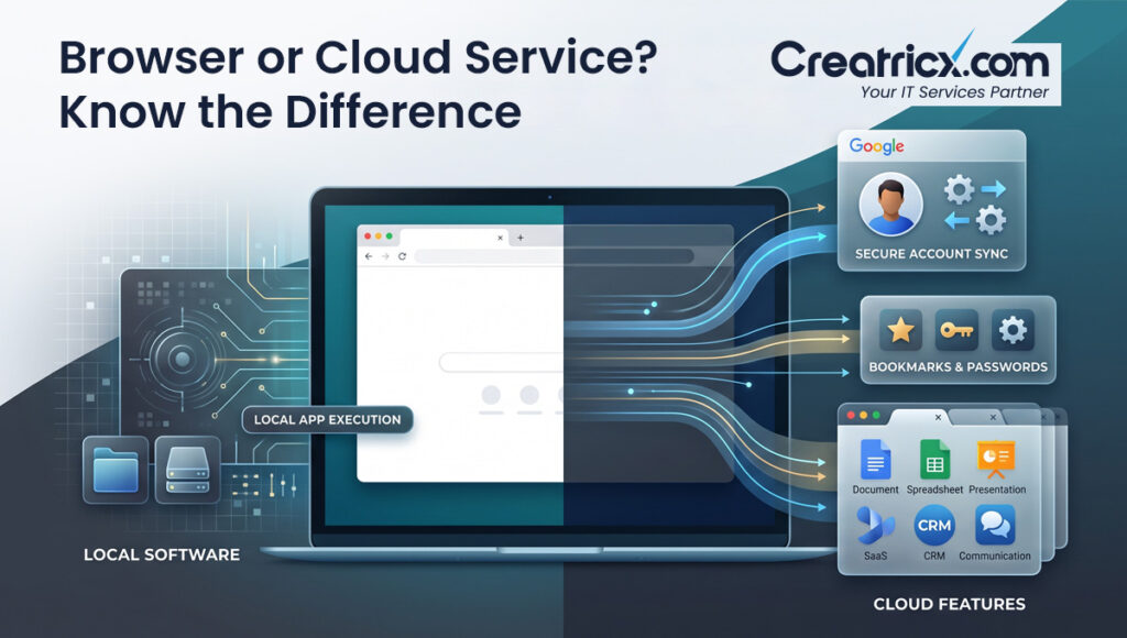 Browser versus cloud service showing Chrome local app execution with cloud sync, bookmarks, passwords and SaaS apps