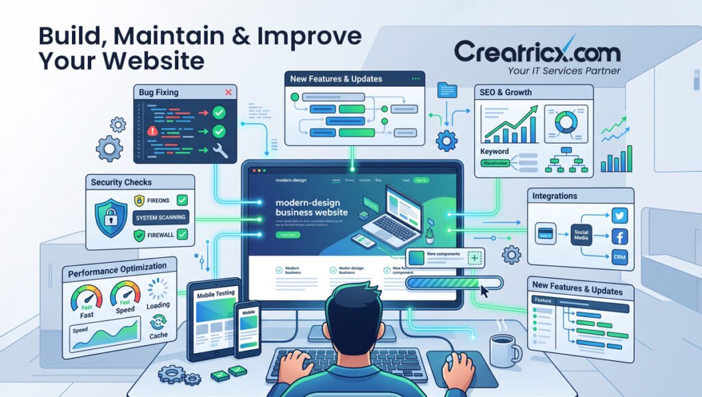 Website maintenance and improvement with bug fixing, security checks, performance optimisation, mobile testing, SEO and updates