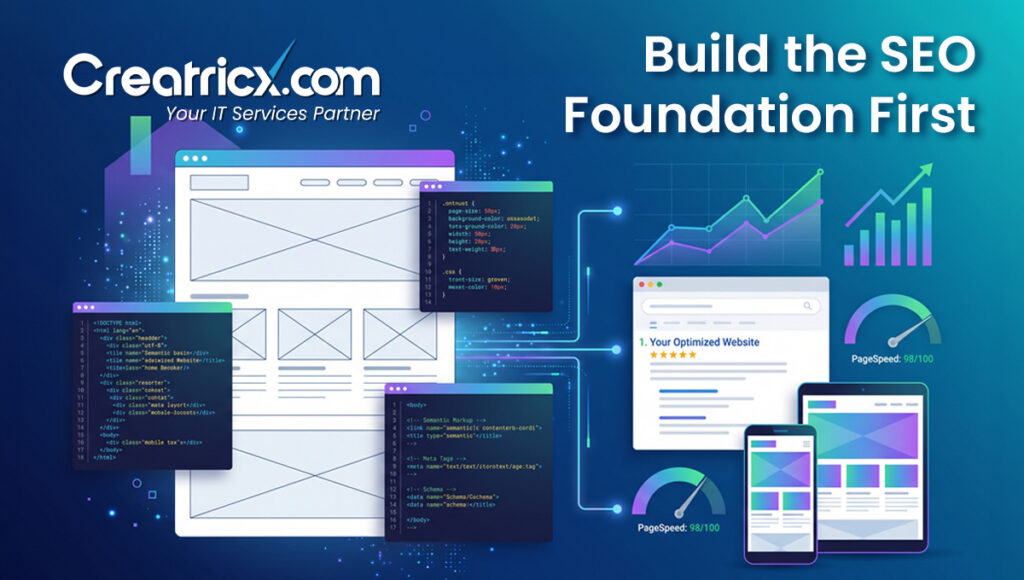 Technical SEO foundation with website wireframes, clean code, page speed, mobile responsiveness and search results