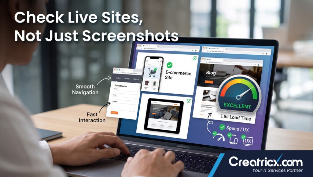 Checking live websites for speed, mobile performance, UX, navigation and forms before hiring a web development company
