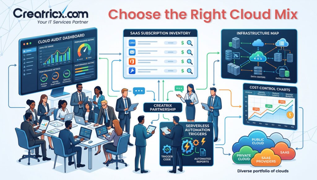 Business team choosing the right cloud services mix with cloud audit dashboard, SaaS inventory, infrastructure map and cost-control charts