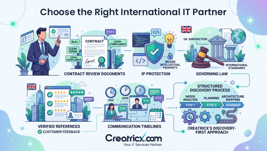 Checklist for choosing an international IT partner with contract review, IP protection, governing law, references and discovery process