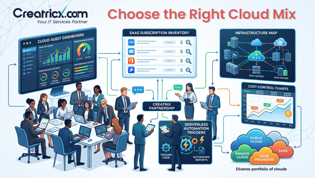 Business team choosing the right cloud mix with cloud audit dashboard, SaaS inventory, infrastructure map and cost-control charts