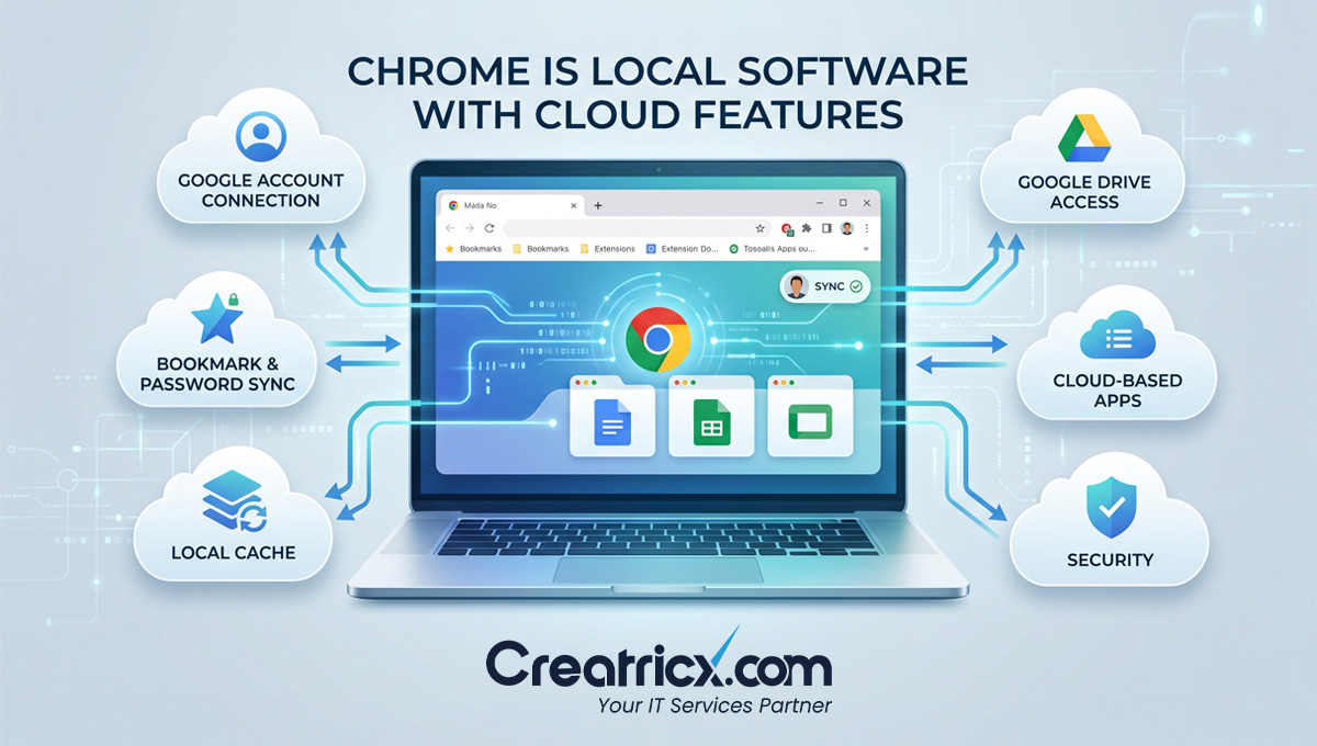 Google Chrome as local software with cloud features including account sync, bookmarks, passwords, Drive access and local cache