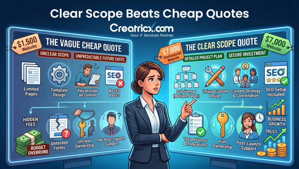 Vague cheap website quote compared with clear scoped website quote showing hidden fees, ownership, SEO and support
