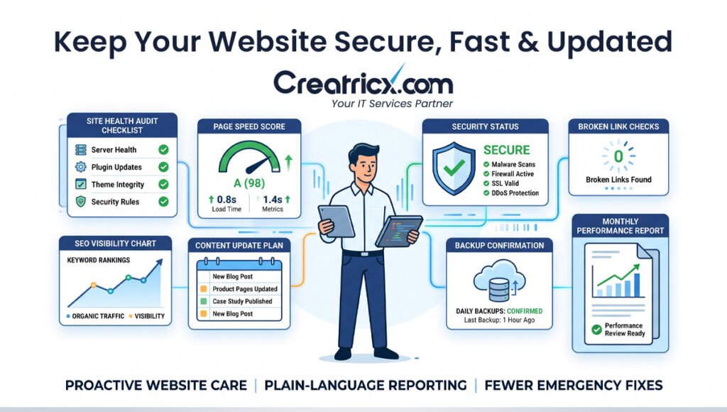 Complete website management services including security, backups, SEO, content and analytics