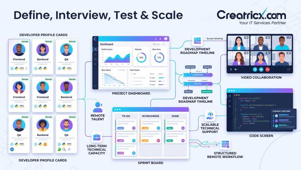 Dedicated development team hiring process with interviews, sprint planning, testing and scaling
