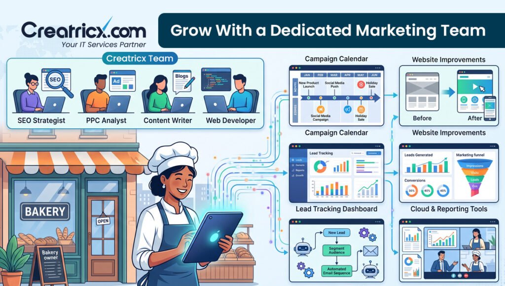 Dedicated digital marketing team helping a small bakery with SEO, PPC, content, website improvements and reporting