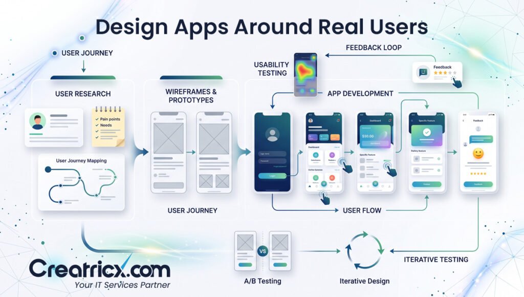Mobile app design process built around real users with research, wireframes, prototypes, testing and feedback loops