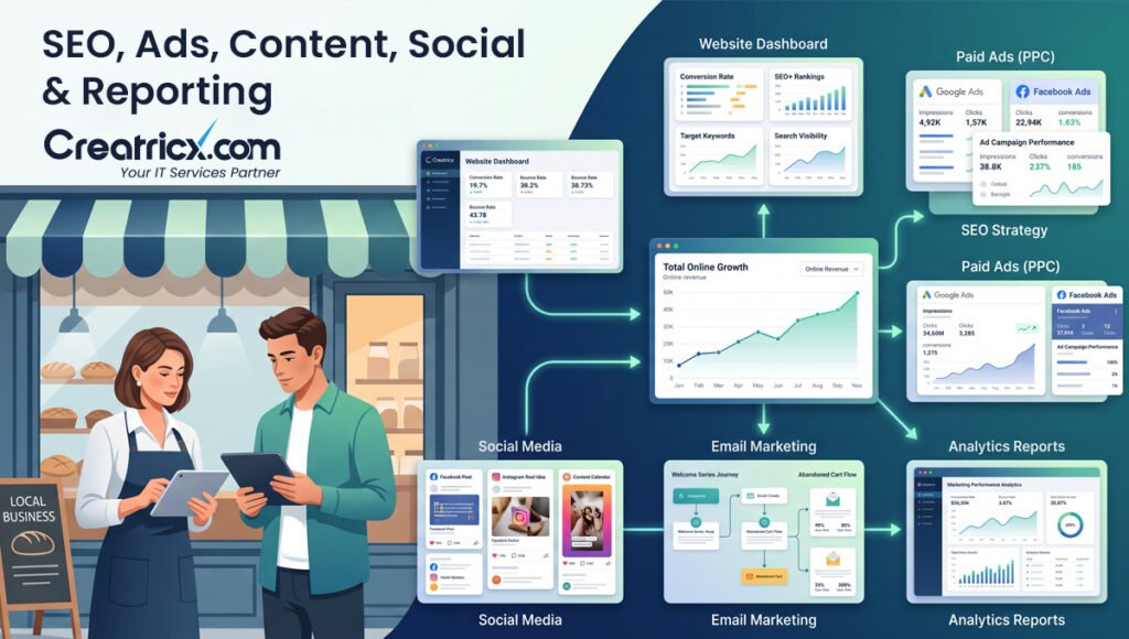 SEO, paid ads, social media, email marketing and analytics supporting small business growth
