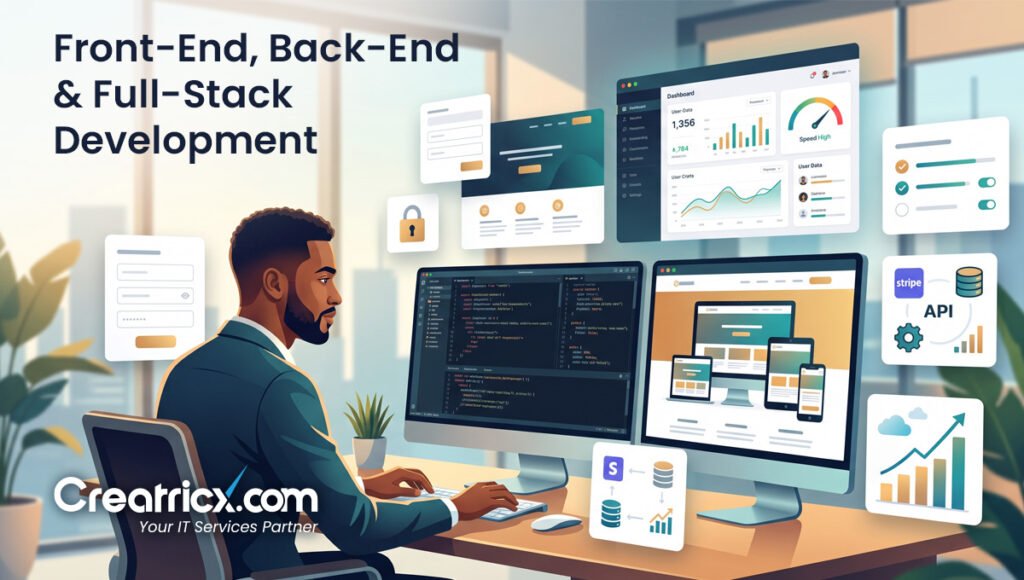 Front-end, back-end and full-stack web development showing code, dashboards, databases, APIs and responsive screens