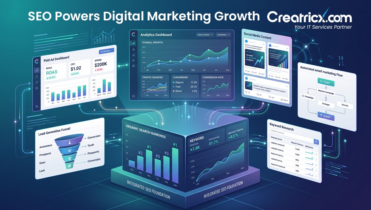 SEO foundation supporting paid ads, social media, email marketing, analytics and lead generation