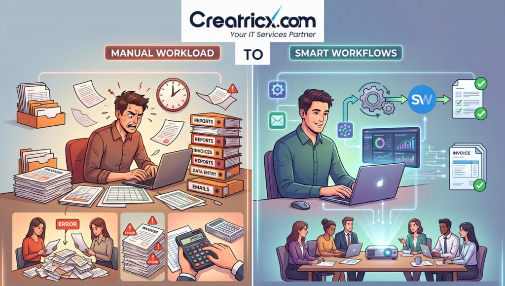Comparison of manual business tasks and automated workflows reducing errors and repetitive work