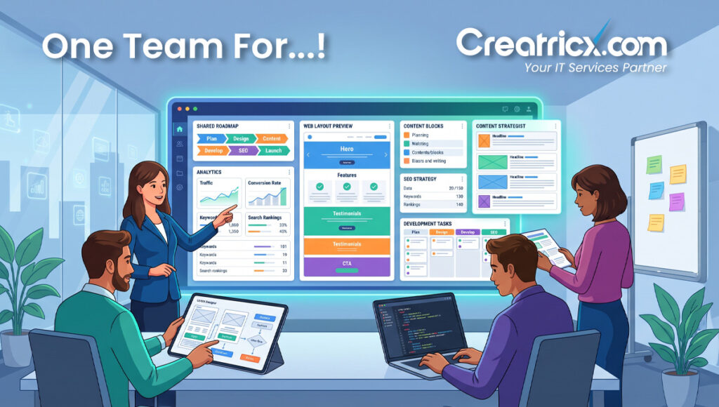 Web developers, SEO specialists, designers and content teams working together on one website project