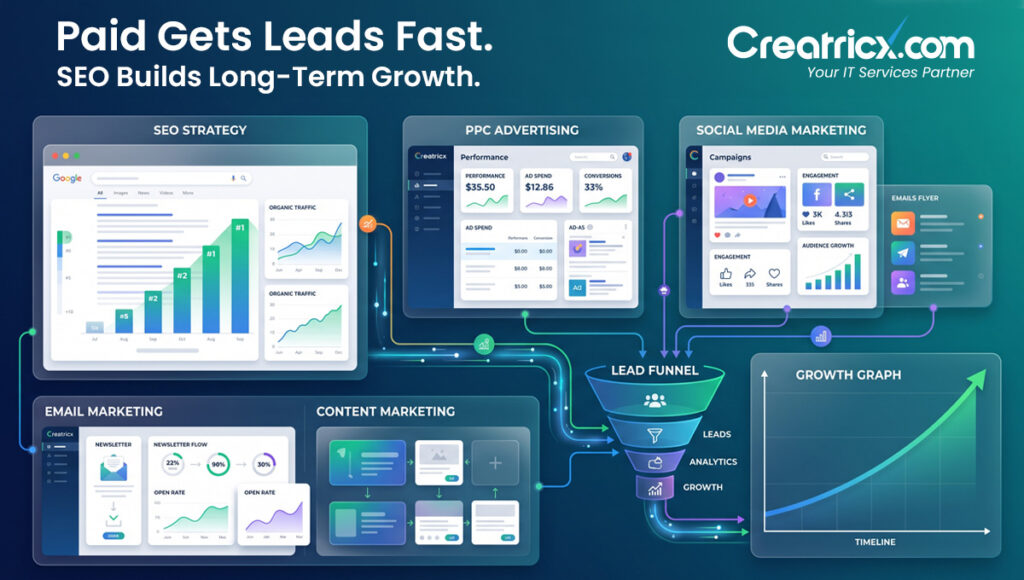 Paid ads generate fast leads while SEO, email, content and social marketing build long-term growth