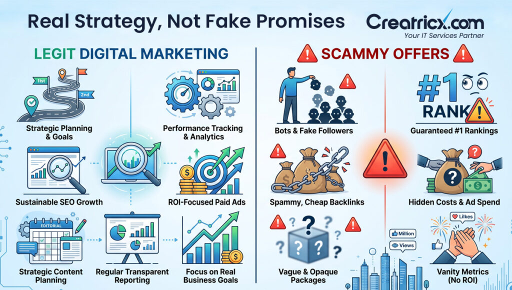 Legit digital marketing compared with scams including fake followers, guaranteed rankings, spam backlinks, hidden costs and vanity metrics