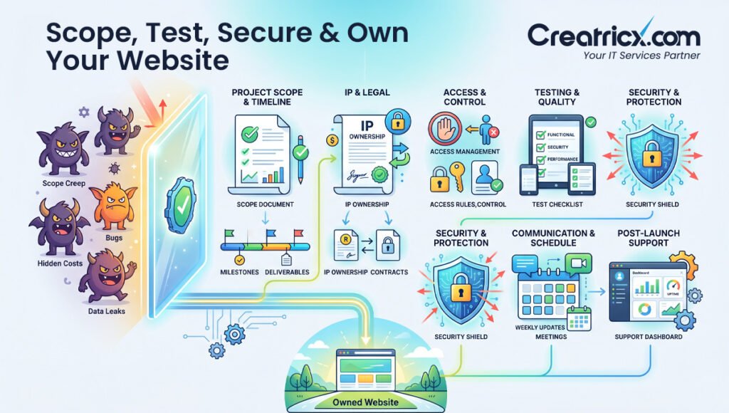 Web development outsourcing safety process covering scope, IP ownership, access control, testing, security and post-launch support