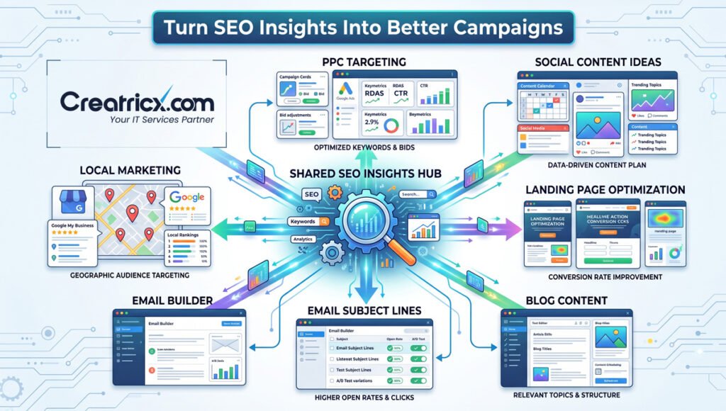 SEO insights supporting PPC, social media, email, local marketing, content and landing-page optimisation