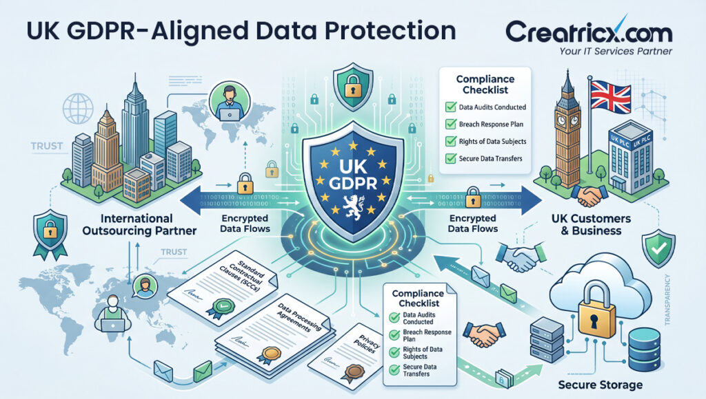 UK GDPR aligned data protection with encrypted data flows, data processing agreements, compliance checklist and secure storage