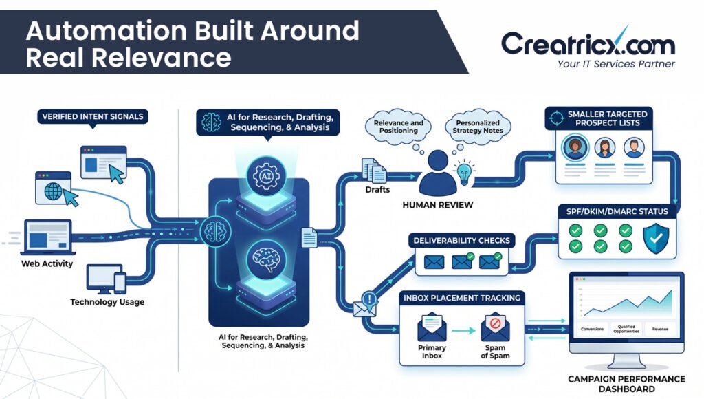 AI outreach workflow using intent signals, human review and deliverability checks