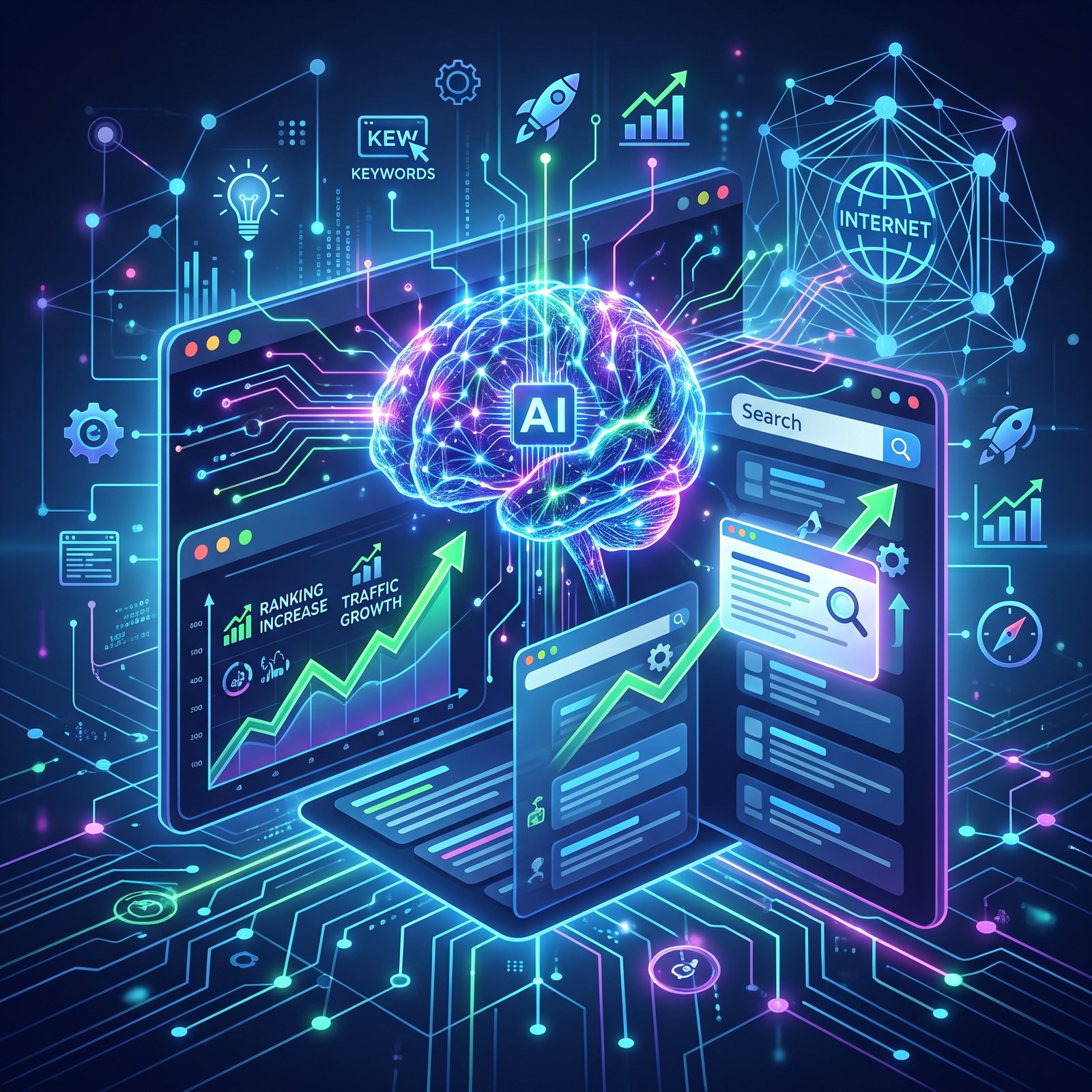 AI-powered SEO platform analysing keywords, search rankings, organic traffic growth and website performance