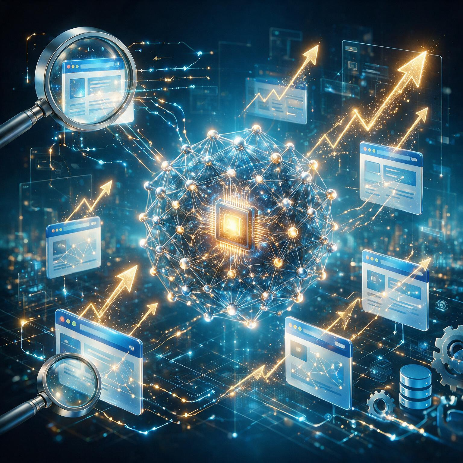 AI SEO services illustration showing automated search analysis, connected websites and increasing organic visibility