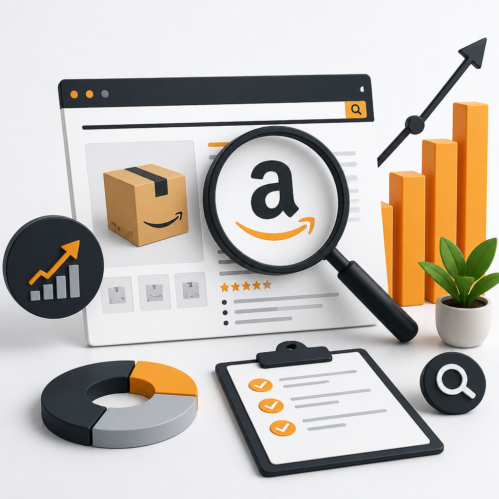 Ecommerce SEO strategy illustration with search analysis, product listings, global reach and increasing sales performance