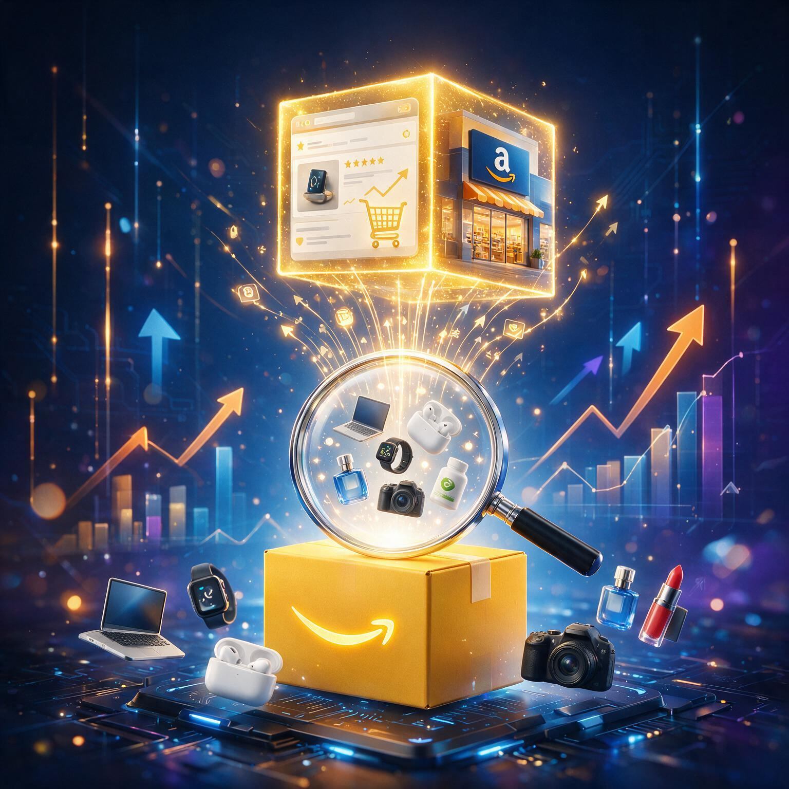 Amazon SEO illustration showing product discovery, listing visibility and sales growth through search optimization