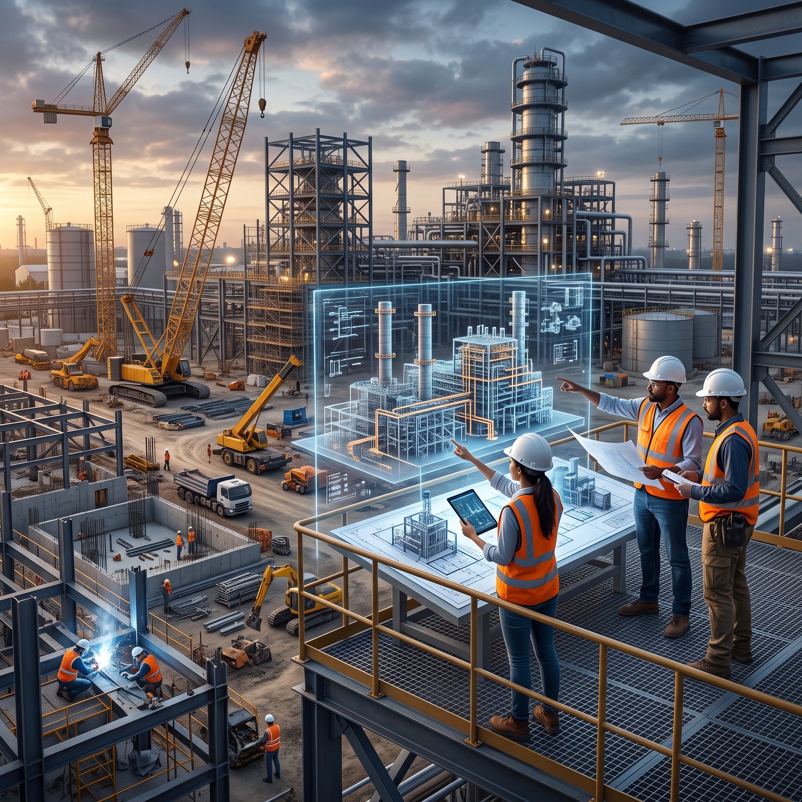 Construction project planning with engineering blueprints, cranes, structural development and active site coordination