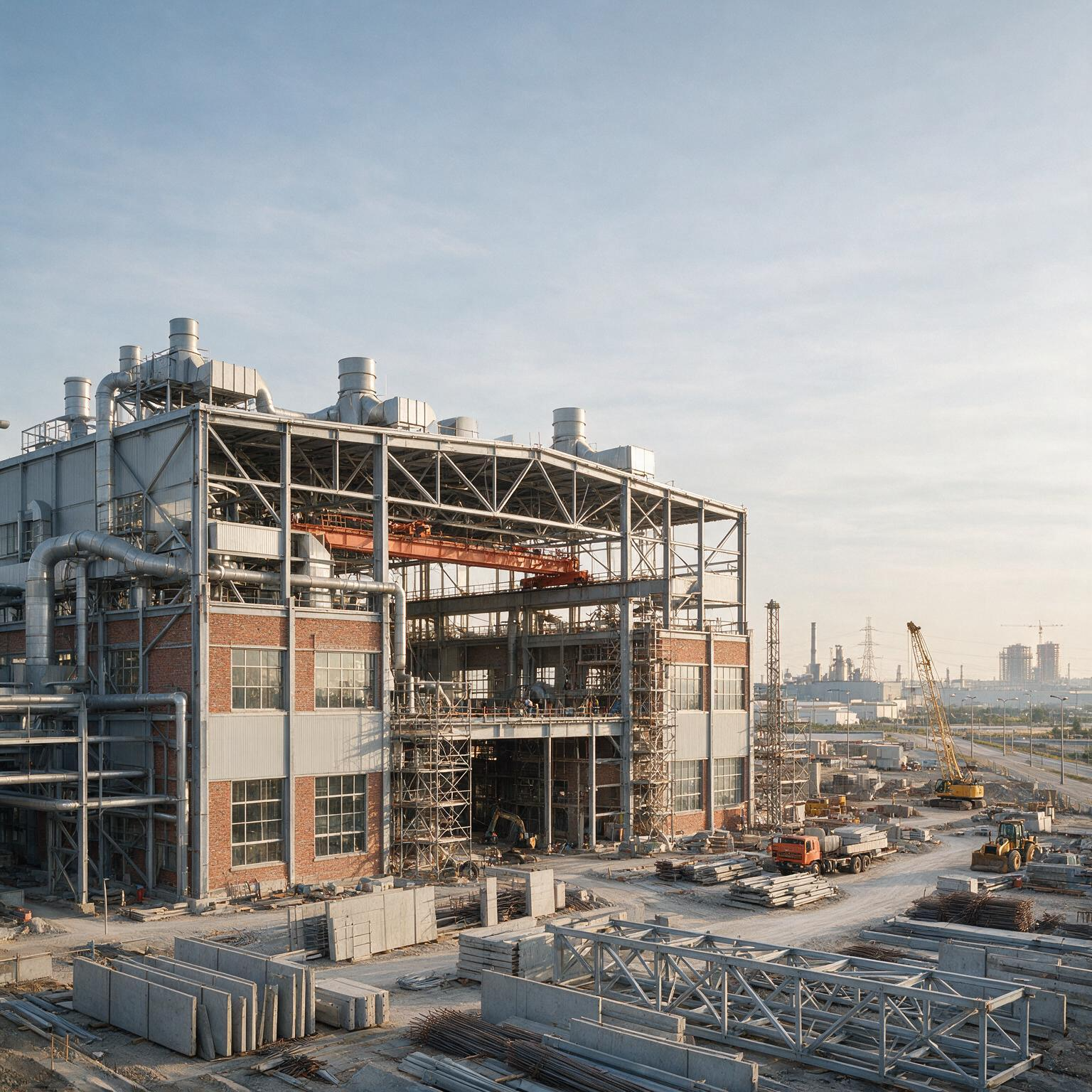 Industrial construction and engineering project showing structural steel, heavy equipment, site development and large-scale infrastructure work