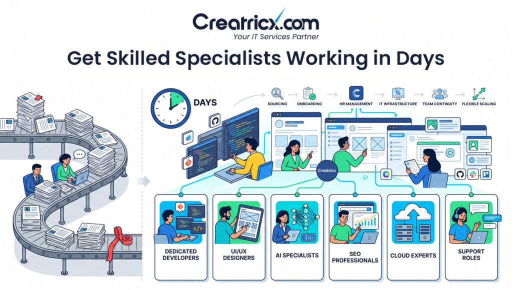 Creatricx staff augmentation with developers, UI UX designers, AI specialists, SEO professionals, cloud experts, and support roles