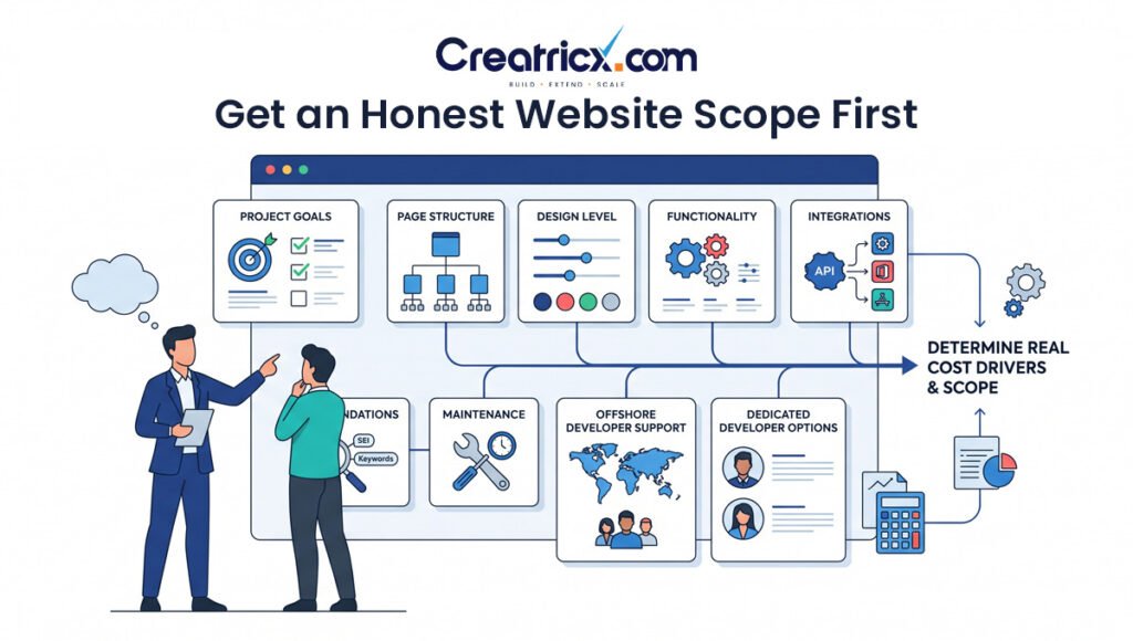 Creatricx website project scoping process covering goals, pages, design, functionality, integrations, SEO, maintenance, and developer options