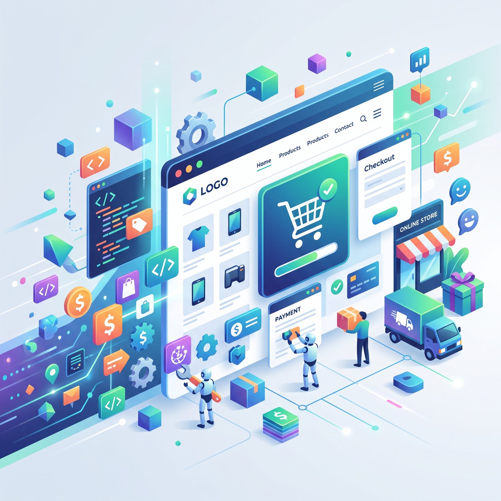 Custom ecommerce website development with product pages, shopping cart, checkout, payment processing and delivery integrations