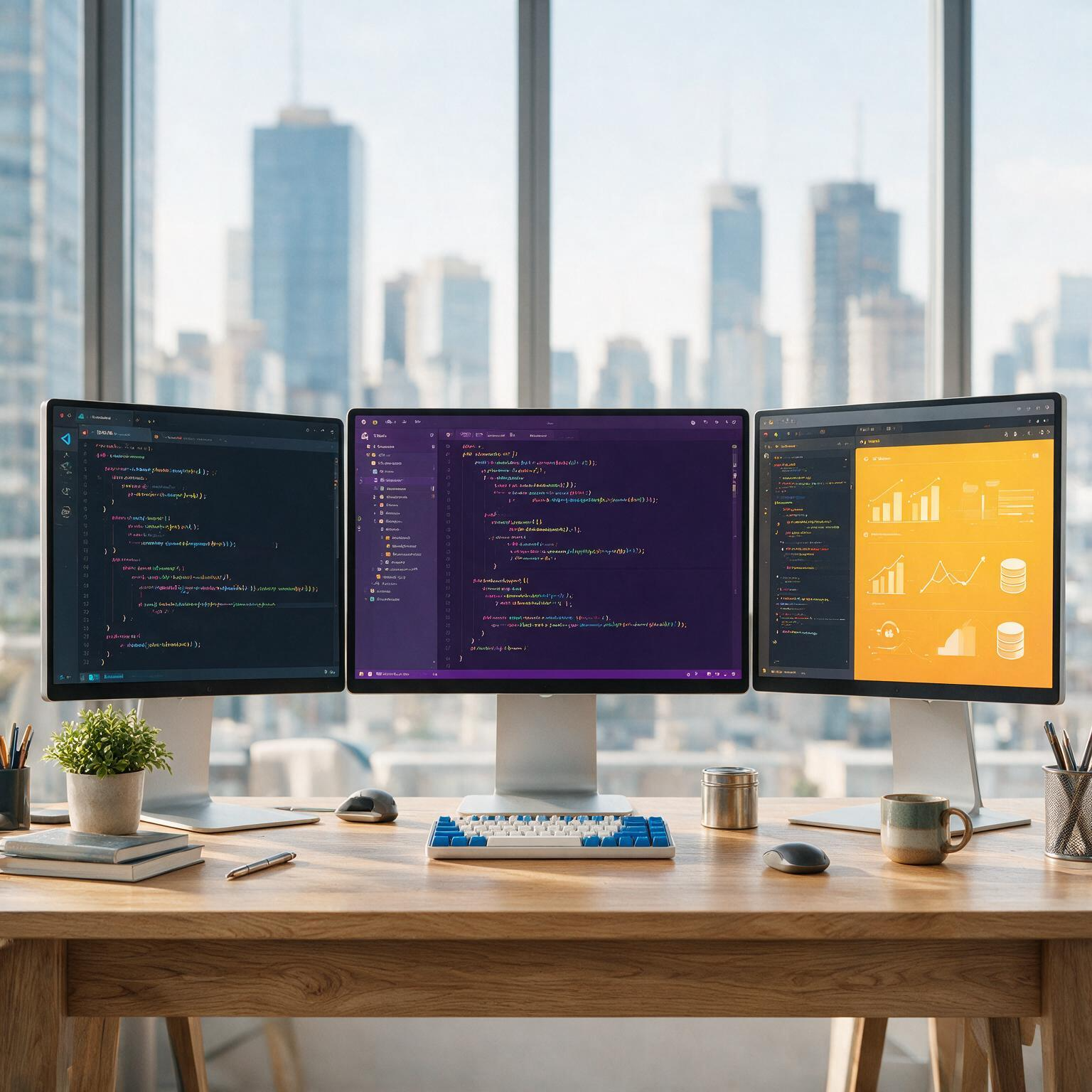 Custom PHP application development workspace showing backend code, database systems and performance analytics