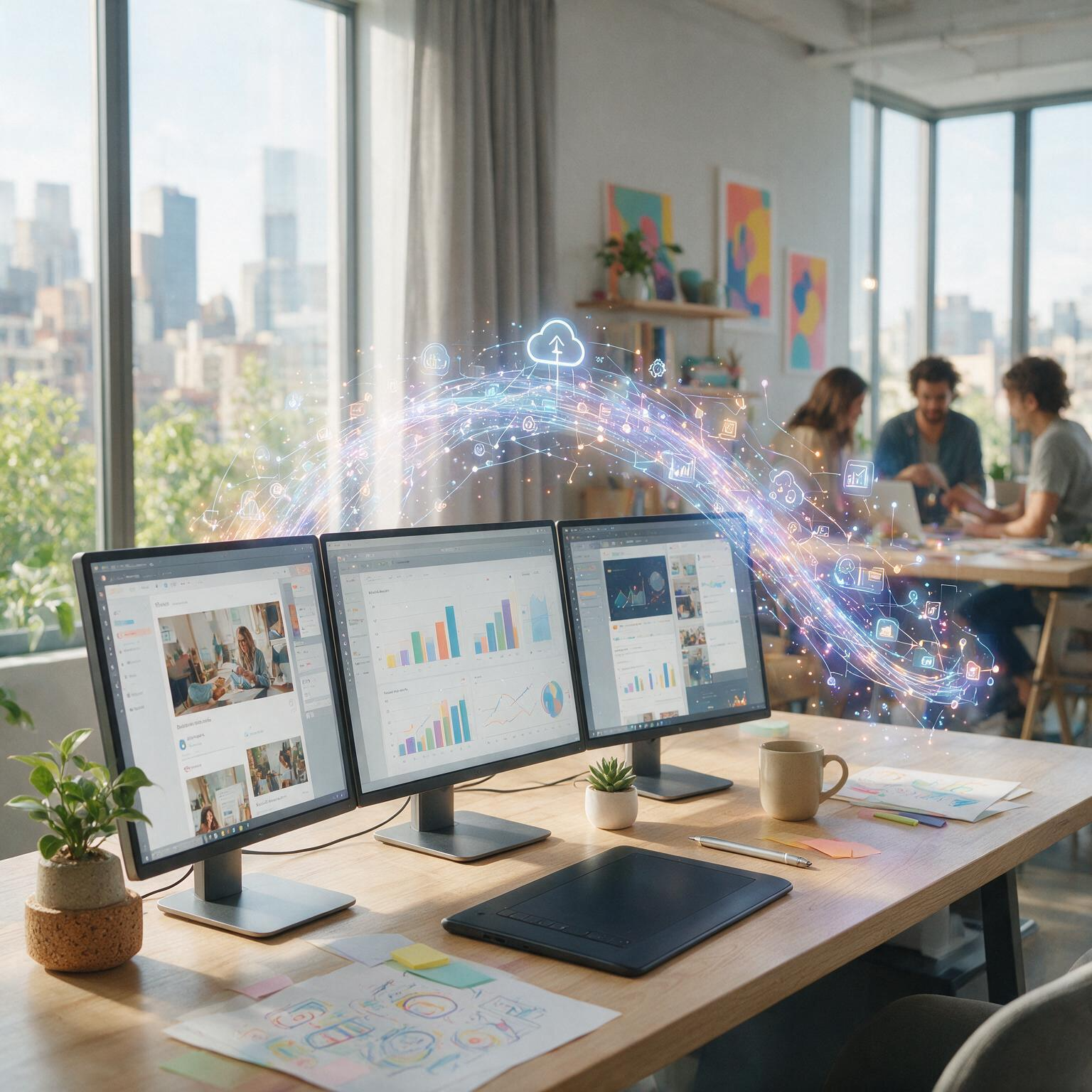 Digital marketing agency workspace showing campaign management, content platforms, performance analytics and connected marketing tools