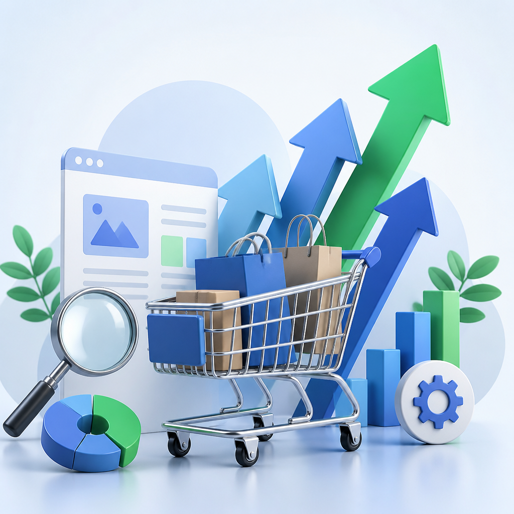 Ecommerce SEO illustration showing an online store, shopping cart, search analysis and increasing organic sales growth