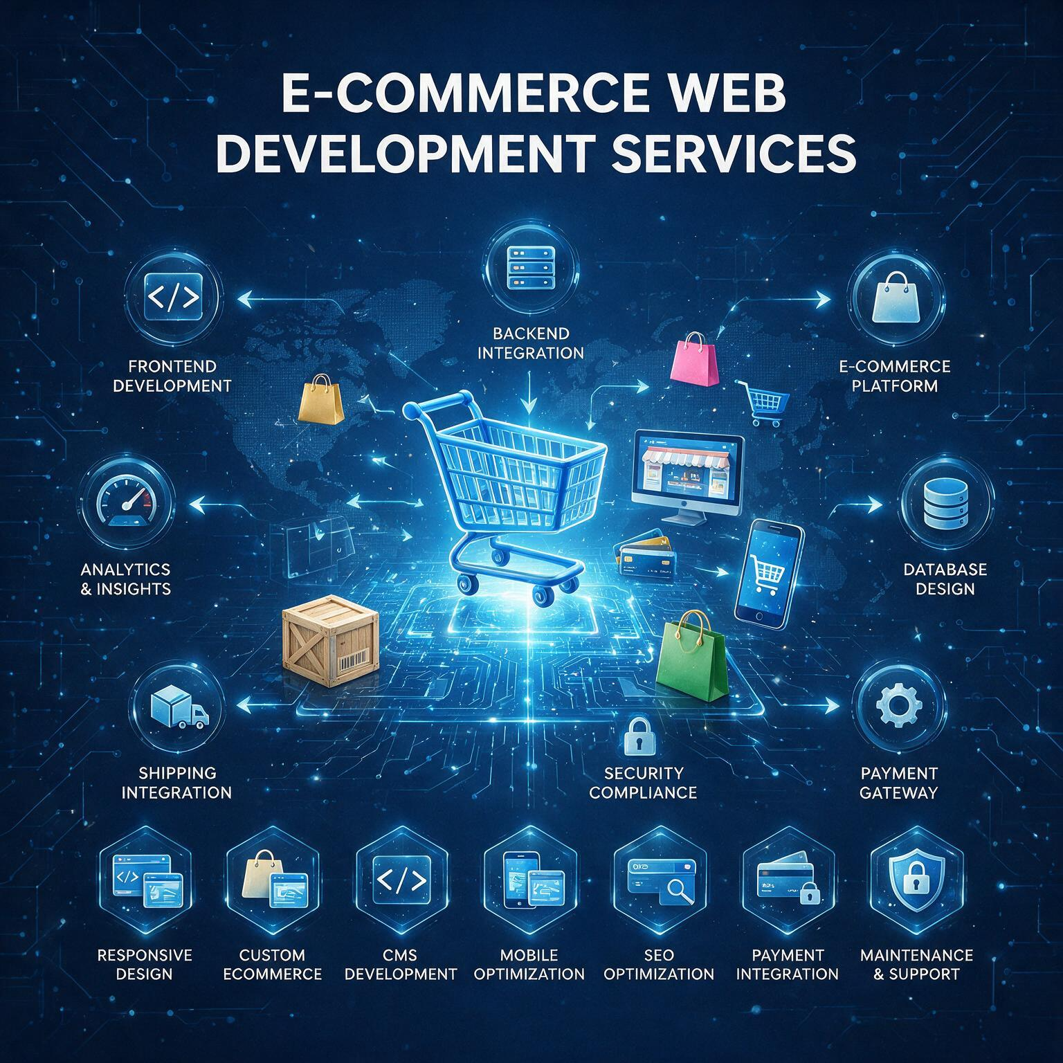 Ecommerce web development services covering frontend, backend, payments, databases, security, shipping and mobile optimization