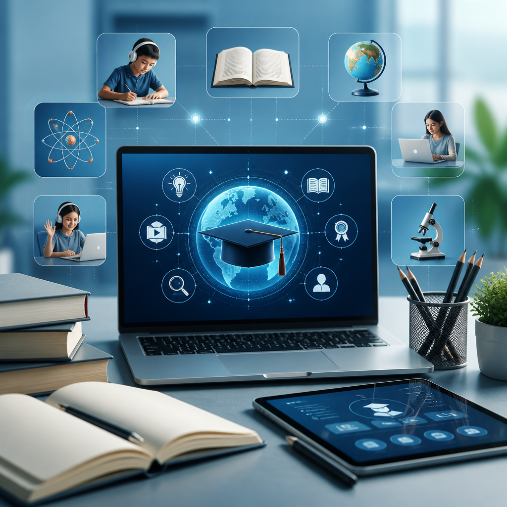 Education and EdTech digital learning solutions connecting students, online classrooms, educational content and learning technology