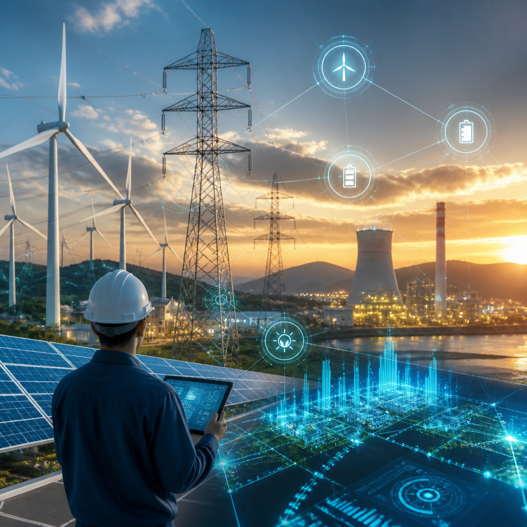 Energy and utilities digital transformation showing renewable power, grid infrastructure, smart monitoring and energy management systems