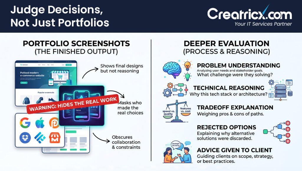 Comparing web developer portfolios with deeper evaluation of reasoning and technical decisions