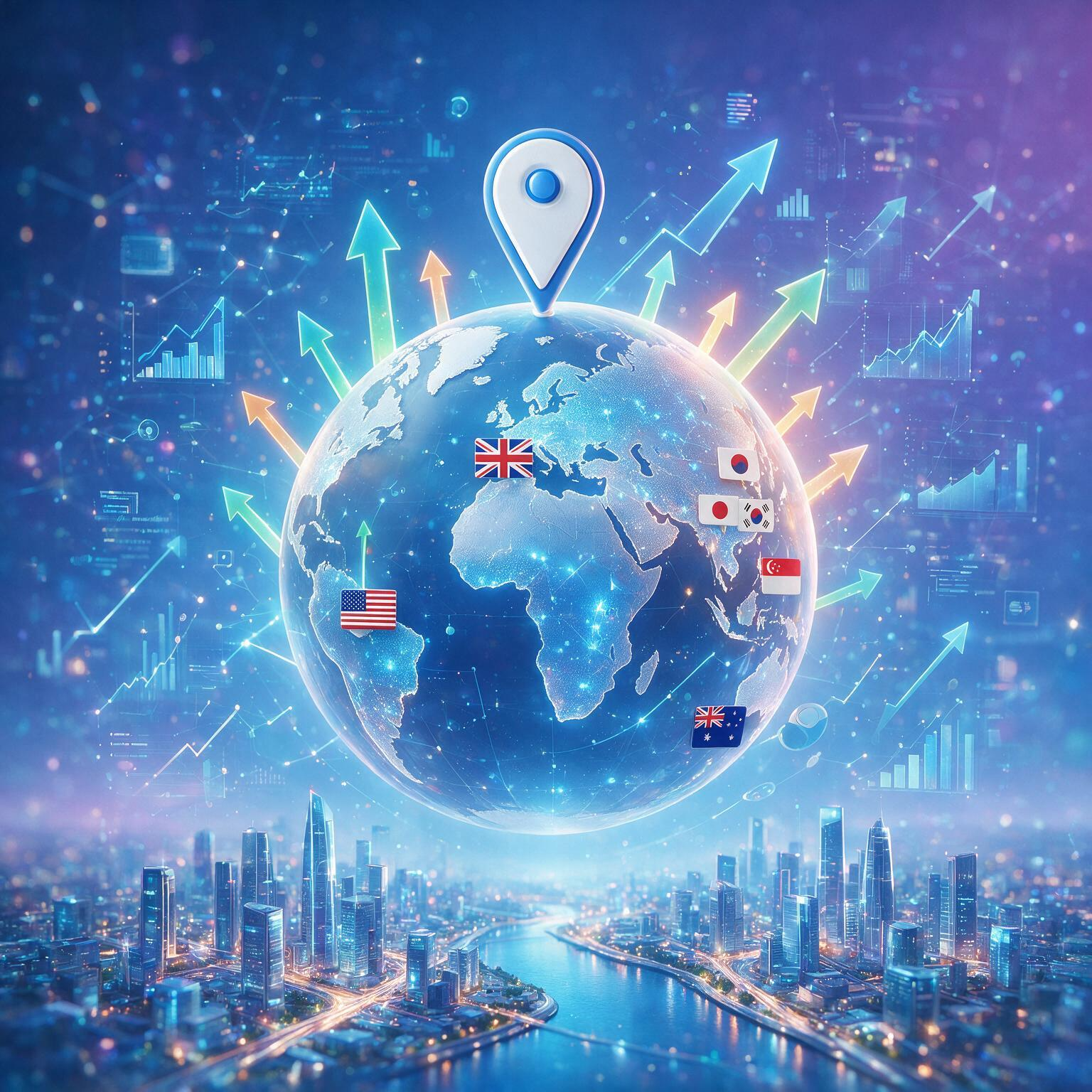 Global SEO strategy illustration showing international market targeting, localized search visibility and business growth across countries