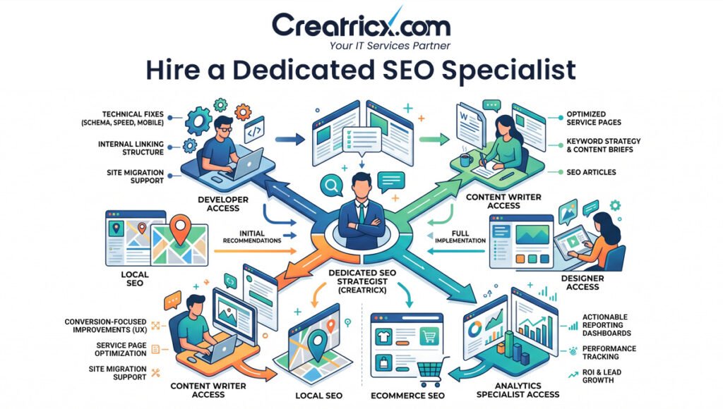 Dedicated SEO specialist supported by developers, content writers, designers, local SEO, ecommerce SEO and analytics specialists