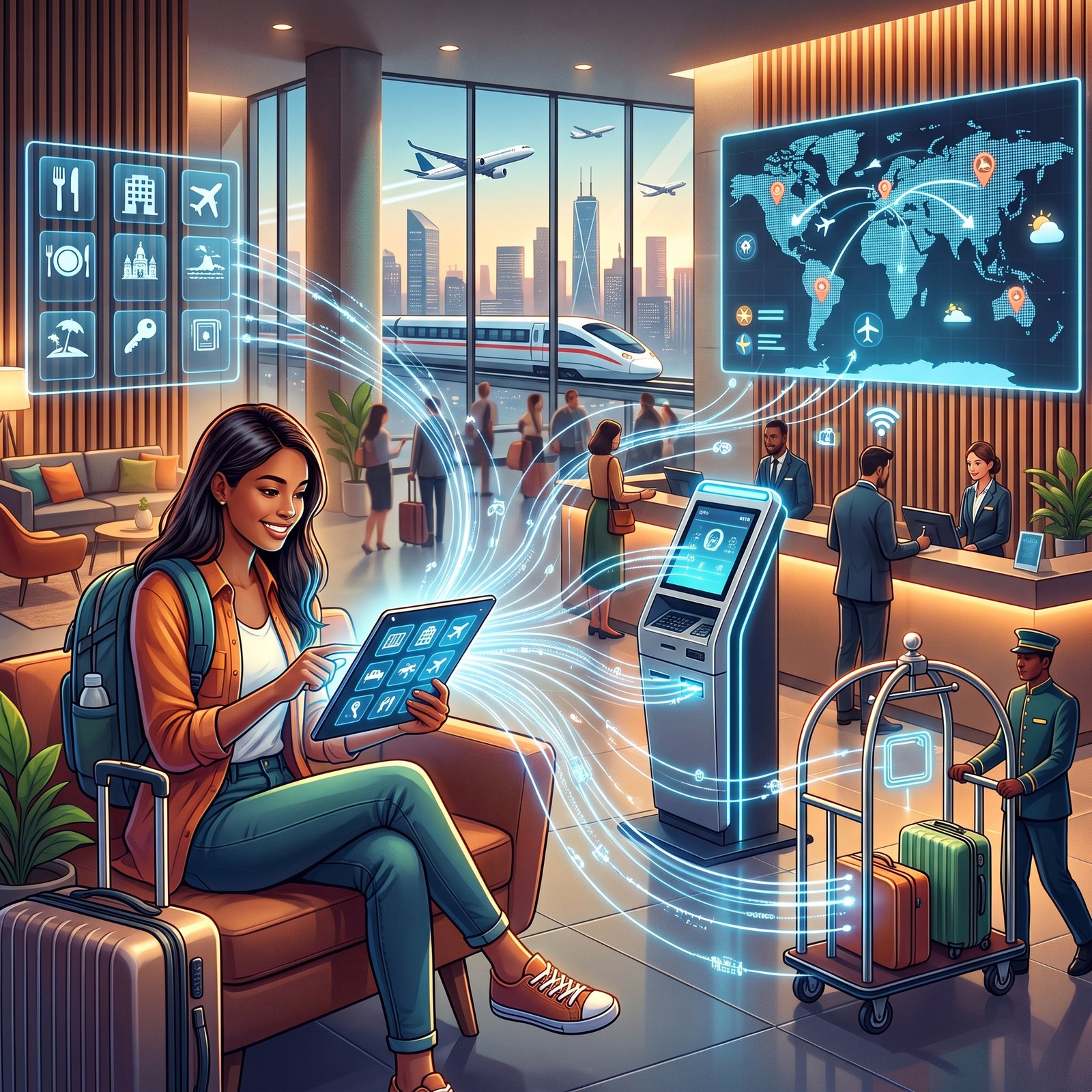 Hotel and hospitality digital solutions showing online reservations, booking management, guest services and performance analytics