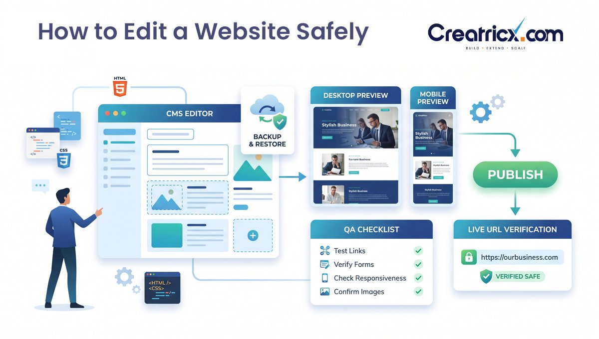 Safe website editing workflow from backup to live URL verification